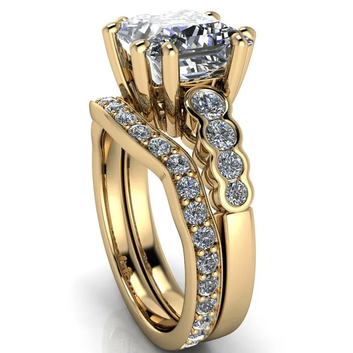 Fire Brilliance Rings Calypso PrincessSquare Moissanite 8 Prong Shared Bezel Shank Engagement Ring
