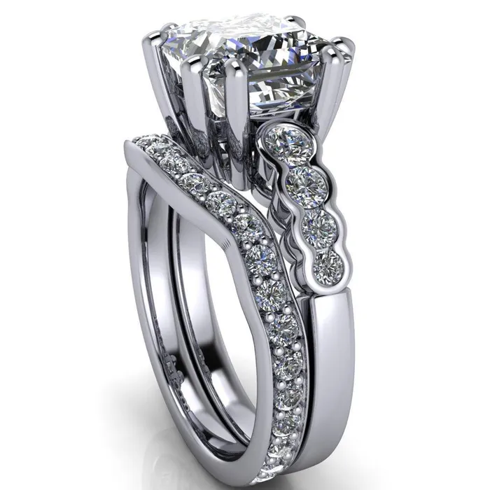Fire Brilliance Rings Calypso PrincessSquare Moissanite 8 Prong Shared Bezel Shank Engagement Ring