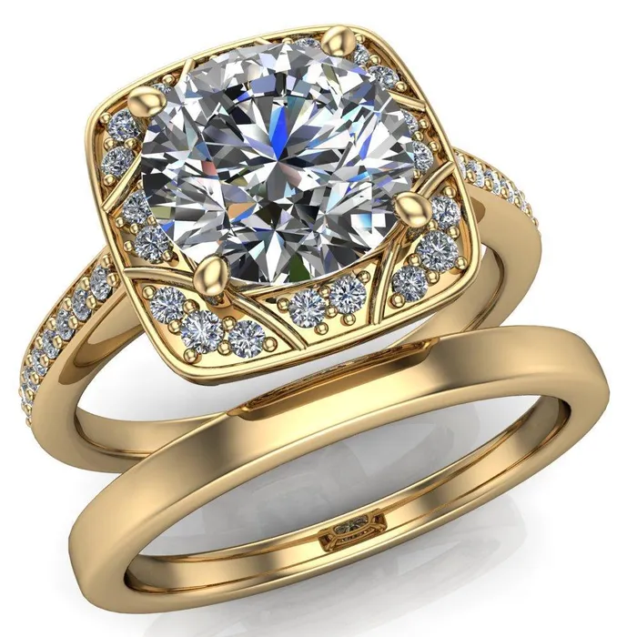 Fire Brilliance Rings Cora Round Center Stone 4Prong Diamond Designer Basket with Diamond Shoulders Ring