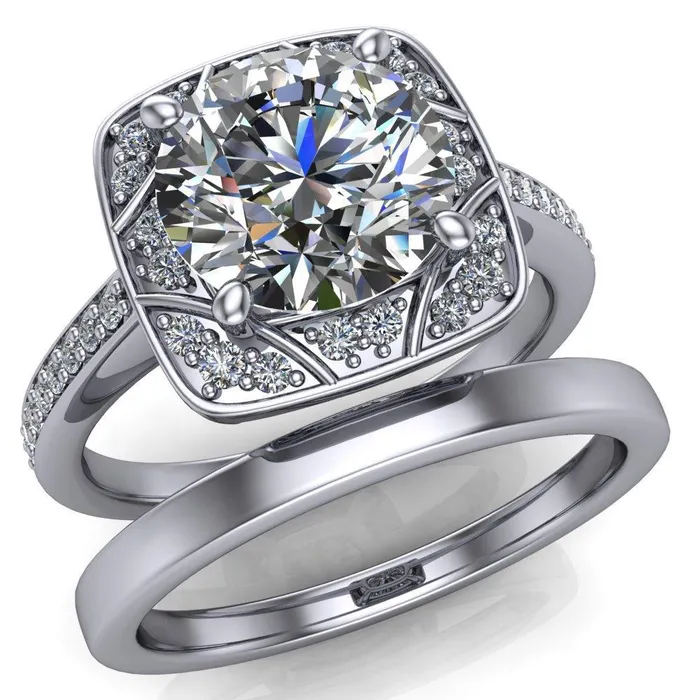 Fire Brilliance Rings Cora Round Center Stone 4Prong Diamond Designer Basket with Diamond Shoulders Ring