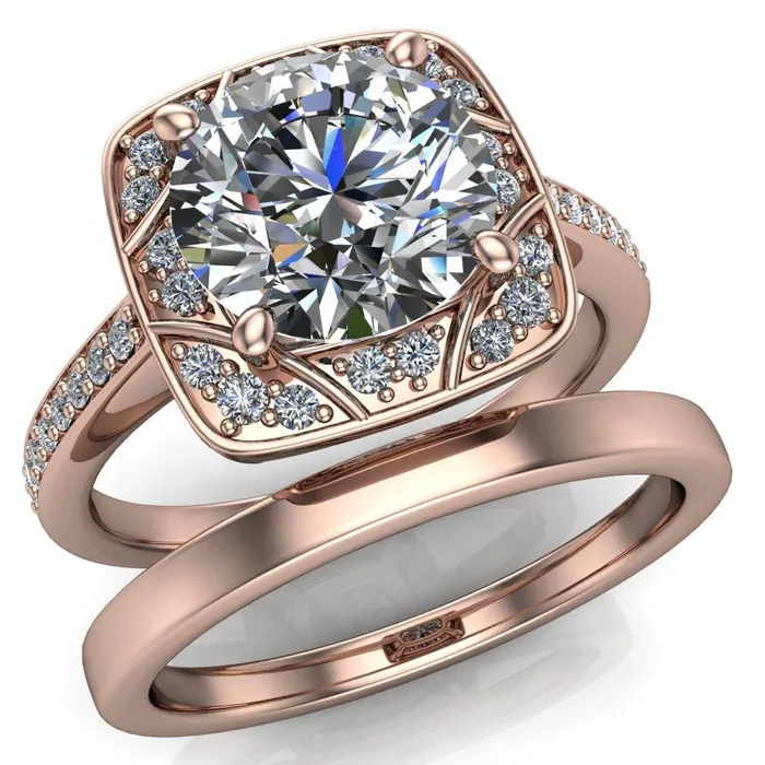 Fire Brilliance Rings Cora Round Center Stone 4Prong Diamond Designer Basket with Diamond Shoulders Ring