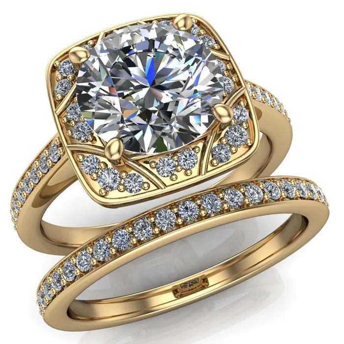 Fire Brilliance Rings Cora Round Center Stone 4Prong Diamond Designer Basket with Diamond Shoulders Ring