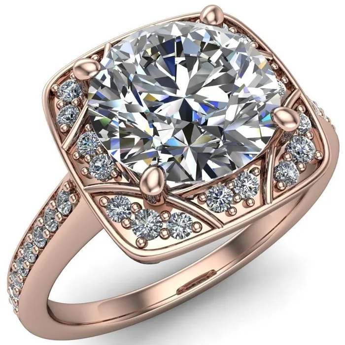 Fire Brilliance Rings Cora Round Center Stone 4Prong Diamond Designer Basket with Diamond Shoulders Ring