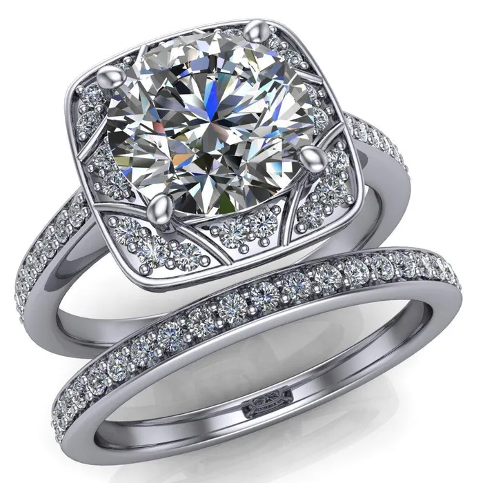 Fire Brilliance Rings Cora Round Center Stone 4Prong Diamond Designer Basket with Diamond Shoulders Ring