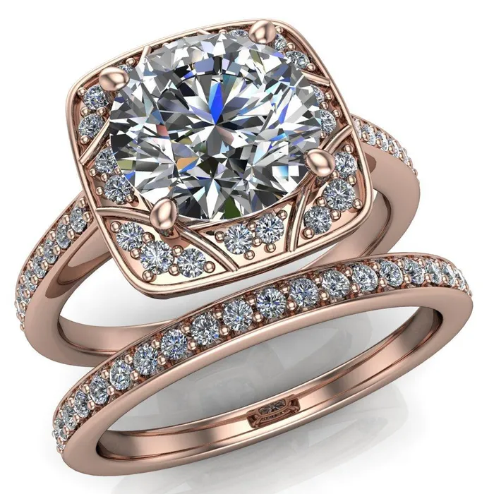 Fire Brilliance Rings Cora Round Center Stone 4Prong Diamond Designer Basket with Diamond Shoulders Ring