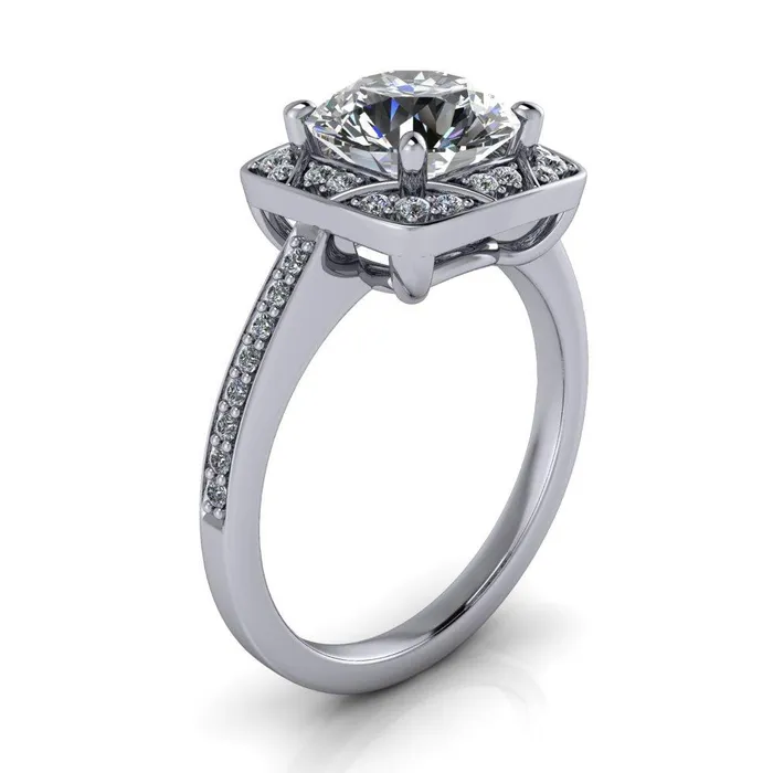 Fire Brilliance Rings Cora Round Center Stone 4Prong Diamond Designer Basket with Diamond Shoulders Ring