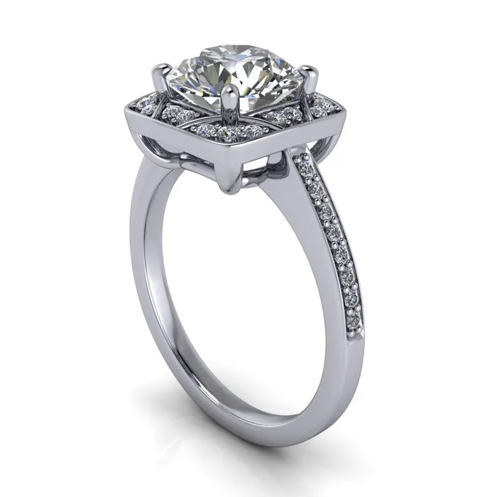 Fire Brilliance Rings Cora Round Center Stone 4Prong Diamond Designer Basket with Diamond Shoulders Ring