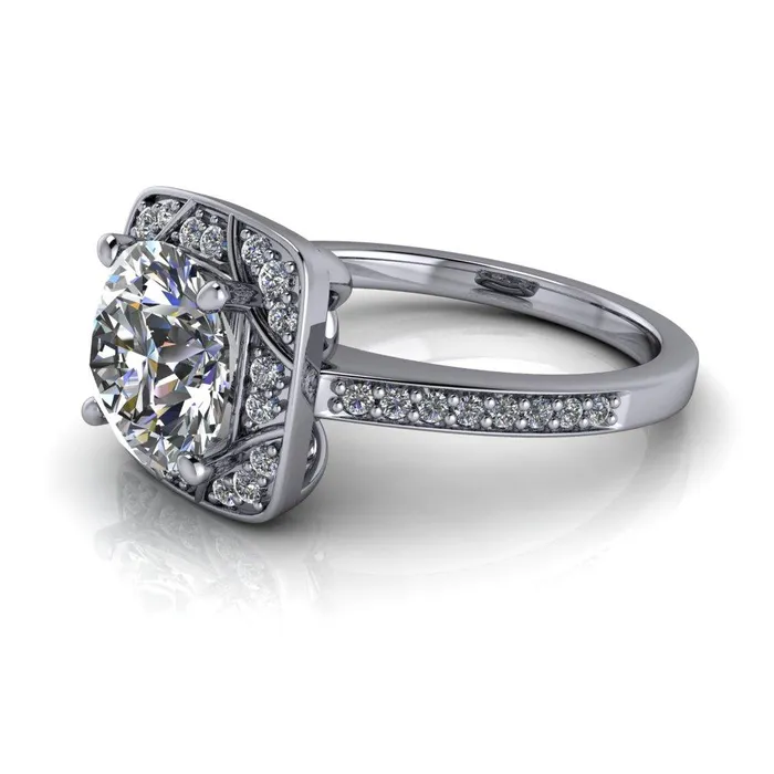 Fire Brilliance Rings Cora Round Center Stone 4Prong Diamond Designer Basket with Diamond Shoulders Ring