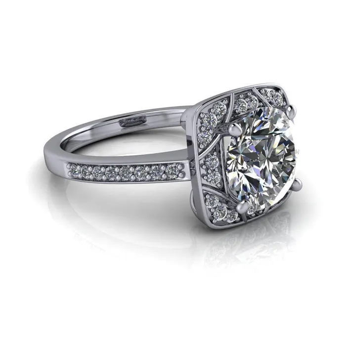 Fire Brilliance Rings Cora Round Center Stone 4Prong Diamond Designer Basket with Diamond Shoulders Ring