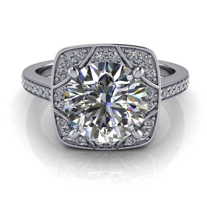 Fire Brilliance Rings Cora Round Center Stone 4Prong Diamond Designer Basket with Diamond Shoulders Ring