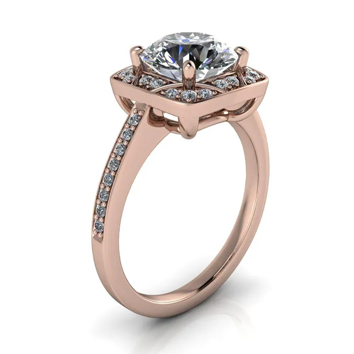 Fire Brilliance Rings Cora Round Center Stone 4Prong Diamond Designer Basket with Diamond Shoulders Ring