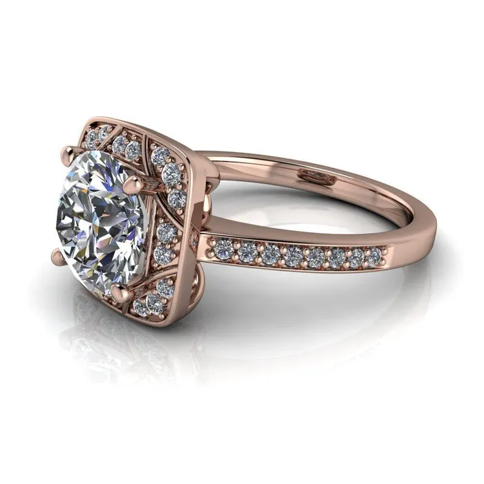Fire Brilliance Rings Cora Round Center Stone 4Prong Diamond Designer Basket with Diamond Shoulders Ring