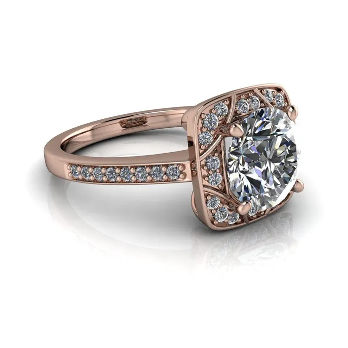 Fire Brilliance Rings Cora Round Center Stone 4Prong Diamond Designer Basket with Diamond Shoulders Ring