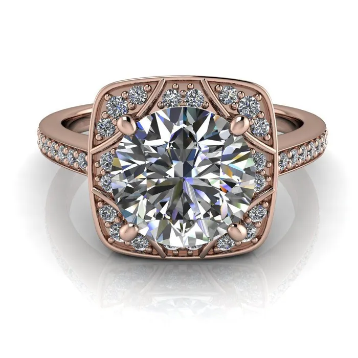 Fire Brilliance Rings Cora Round Center Stone 4Prong Diamond Designer Basket with Diamond Shoulders Ring