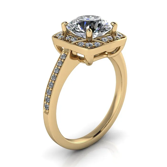 Fire Brilliance Rings Cora Round Center Stone 4Prong Diamond Designer Basket with Diamond Shoulders Ring