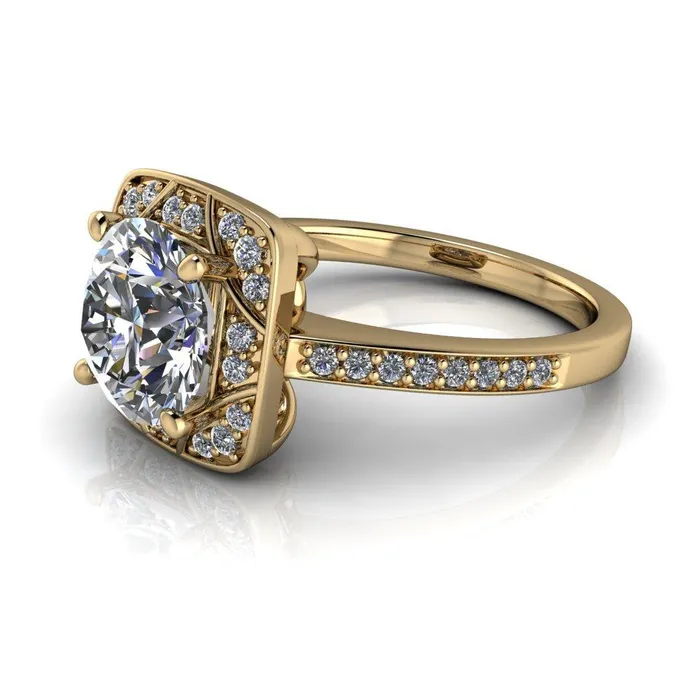 Fire Brilliance Rings Cora Round Center Stone 4Prong Diamond Designer Basket with Diamond Shoulders Ring