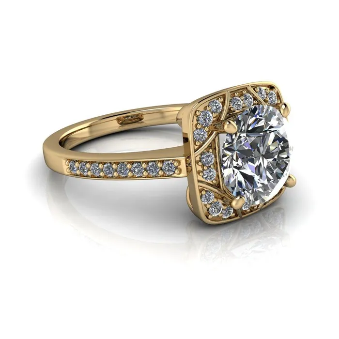 Fire Brilliance Rings Cora Round Center Stone 4Prong Diamond Designer Basket with Diamond Shoulders Ring