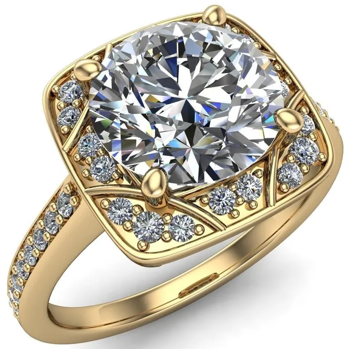 Fire Brilliance Rings Cora Round Center Stone 4Prong Diamond Designer Basket with Diamond Shoulders Ring