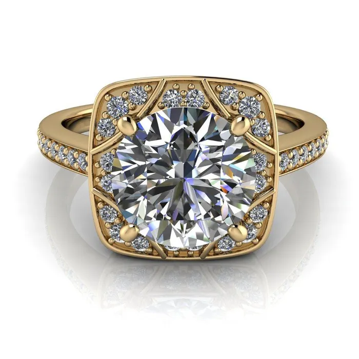 Fire Brilliance Rings Cora Round Center Stone 4Prong Diamond Designer Basket with Diamond Shoulders Ring