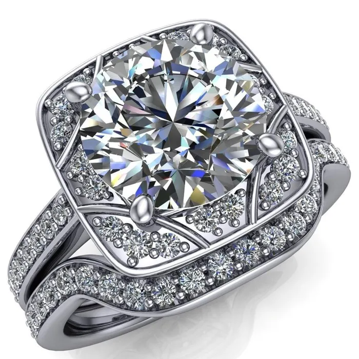 Fire Brilliance Rings Cora Round Center Stone 4Prong Diamond Designer Basket with Diamond Shoulders Ring