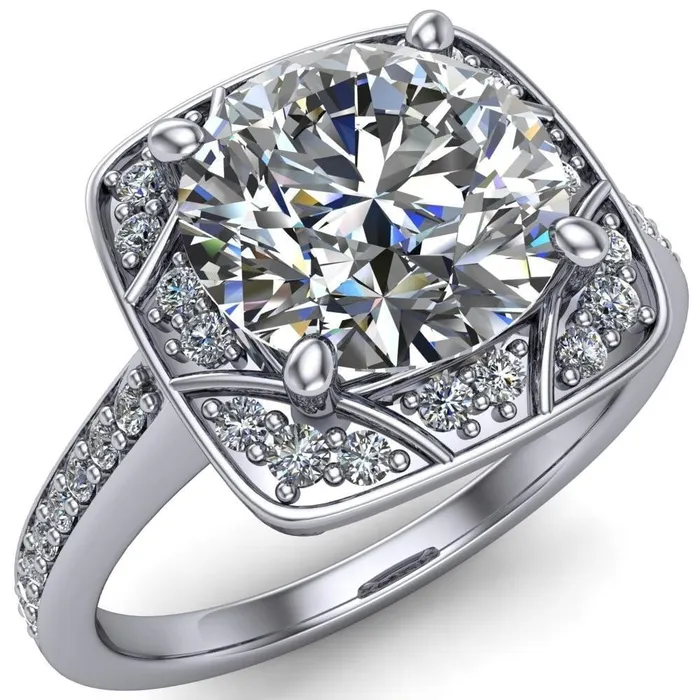 Fire Brilliance Rings Cora Round Center Stone 4Prong Diamond Designer Basket with Diamond Shoulders Ring