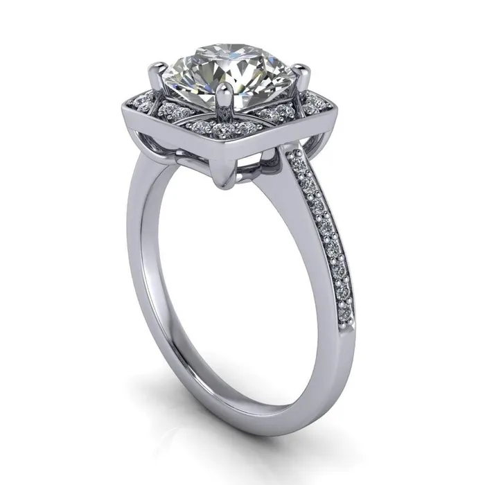 Fire Brilliance Rings Cora Round Center Stone 4Prong Diamond Designer Basket with Diamond Shoulders Ring