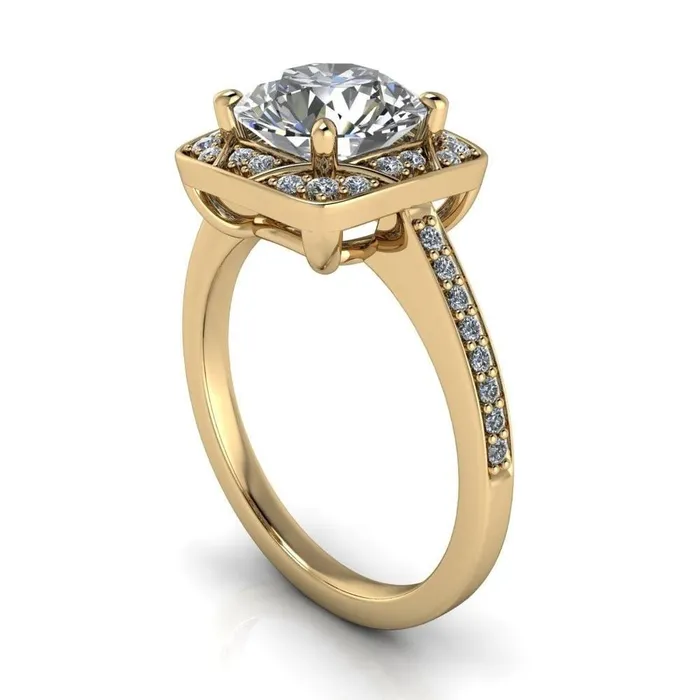Fire Brilliance Rings Cora Round Center Stone 4Prong Diamond Designer Basket with Diamond Shoulders Ring