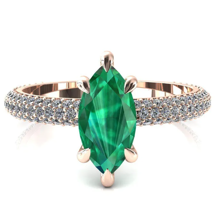Fire Brilliance Rings Elley Marquise Emerald 6 Claw Prong Diamond Accent Engagement Ring