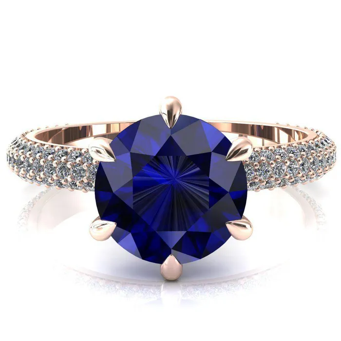 Fire Brilliance Rings Elley Round Blue Sapphire 6 Claw Prong Diamond Accent Engagement Ring