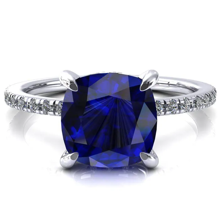 Fire Brilliance Rings Ezili Cushion Blue Sapphire 4 Claw Prong Micro Pave Diamond Sides Engagement Ring Fire Brilliance Rings Ezili Cushion Blue Sapphire 4 Claw Prong Micro Pave Diamond Sides Engagement Ring