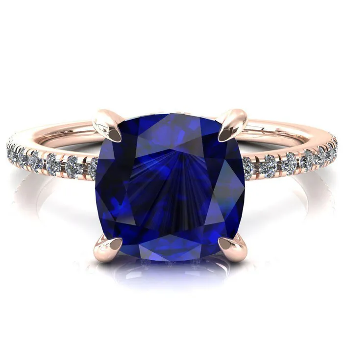 Fire Brilliance Rings Ezili Cushion Blue Sapphire 4 Claw Prong Micro Pave Diamond Sides Engagement Ring