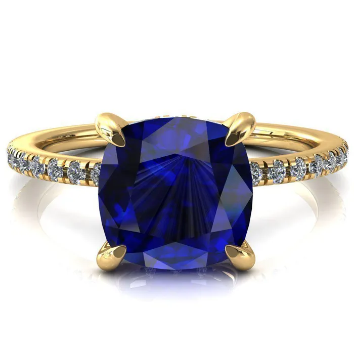 Fire Brilliance Rings Ezili Cushion Blue Sapphire 4 Claw Prong Micro Pave Diamond Sides Engagement Ring