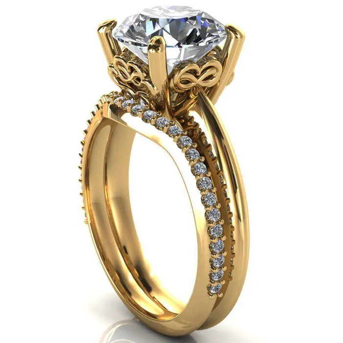 Fire Brilliance Rings Gloria Round Center Stone High Shoulder 4 Prong 4 Surprise Bezel Filigree Engagement Ring