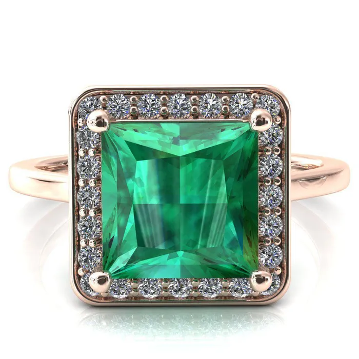 Fire Brilliance Rings Holly Princess Emerald 4 Prong Pinpoint Floating Halo Scalloped Cathedral Ring
