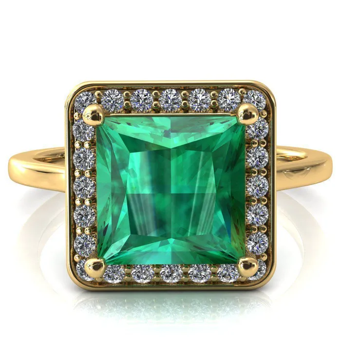 Fire Brilliance Rings Holly Princess Emerald 4 Prong Pinpoint Floating Halo Scalloped Cathedral Ring