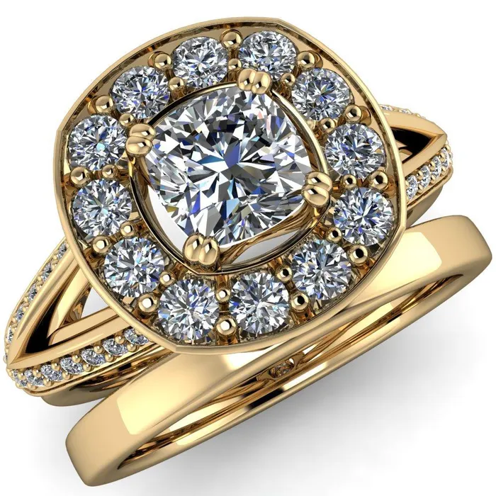Fire Brilliance Rings Keaton Cushion Center Stone 4 Double Prong Halo Split Shank Engagement Ring