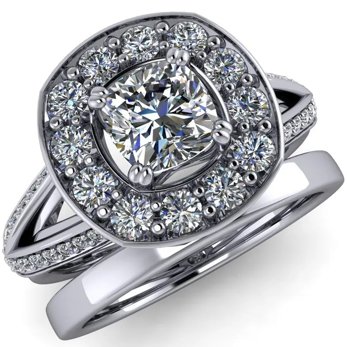 Fire Brilliance Rings Keaton Cushion Center Stone 4 Double Prong Halo Split Shank Engagement Ring