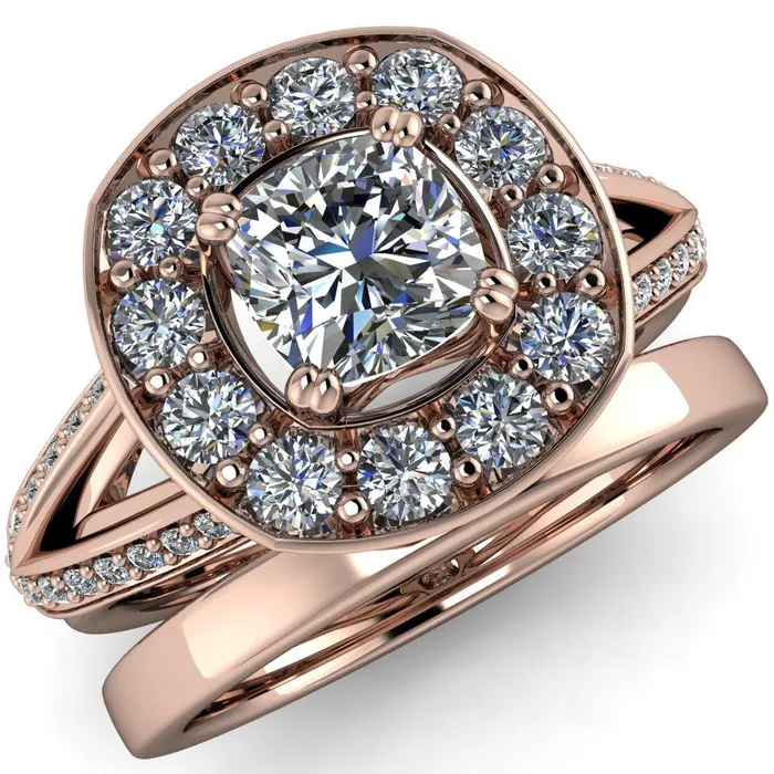 Fire Brilliance Rings Keaton Cushion Center Stone 4 Double Prong Halo Split Shank Engagement Ring