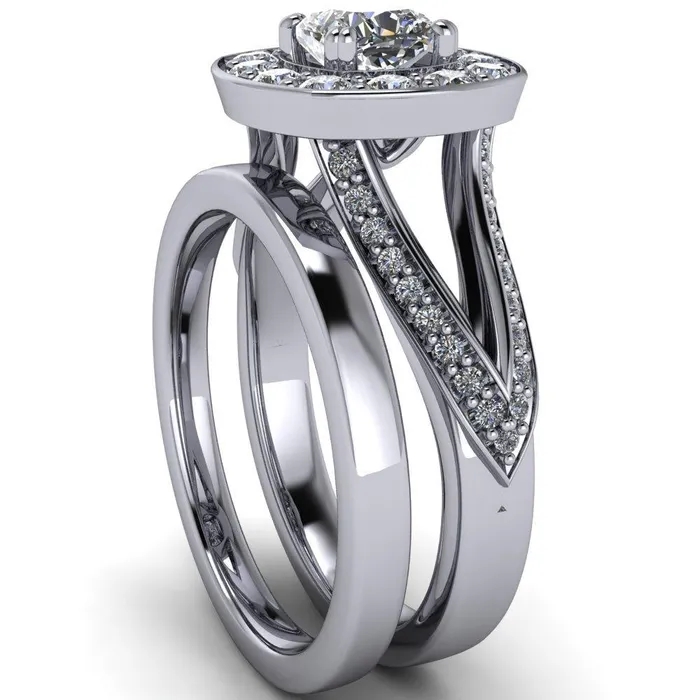 Fire Brilliance Rings Keaton Cushion Center Stone 4 Double Prong Halo Split Shank Engagement Ring