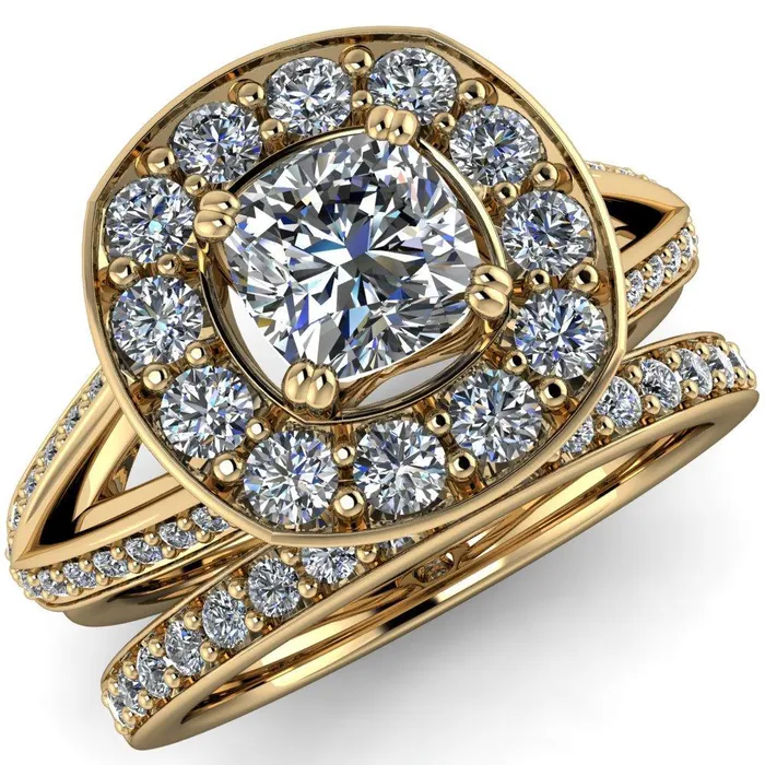Fire Brilliance Rings Keaton Cushion Center Stone 4 Double Prong Halo Split Shank Engagement Ring