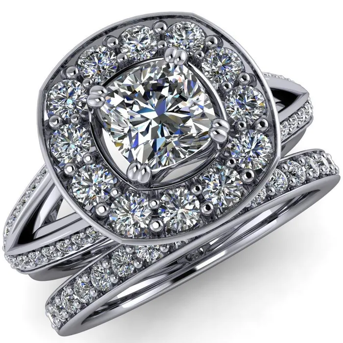 Fire Brilliance Rings Keaton Cushion Center Stone 4 Double Prong Halo Split Shank Engagement Ring