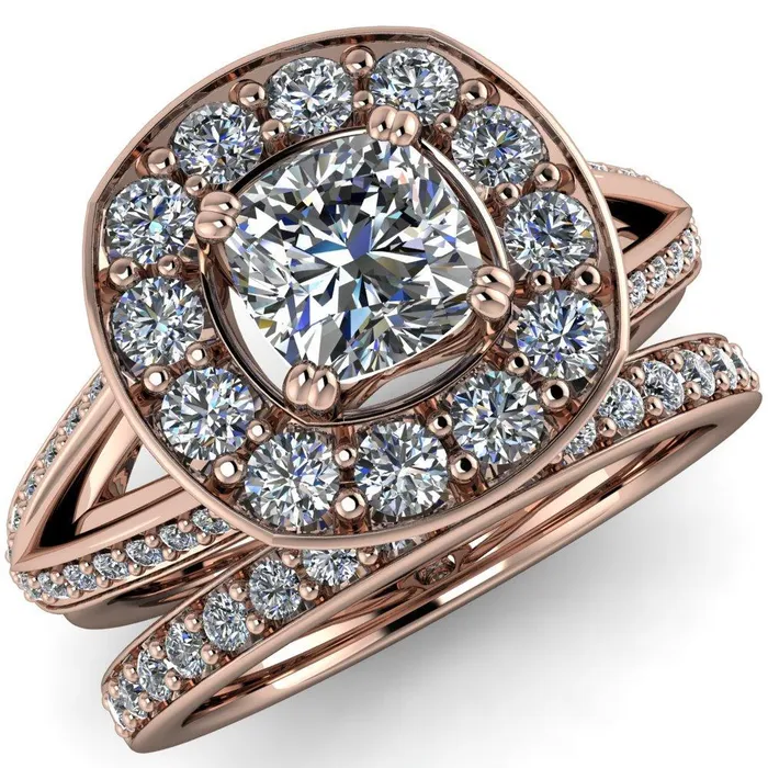 Fire Brilliance Rings Keaton Cushion Center Stone 4 Double Prong Halo Split Shank Engagement Ring