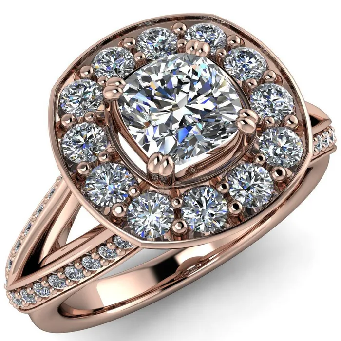 Fire Brilliance Rings Keaton Cushion Center Stone 4 Double Prong Halo Split Shank Engagement Ring