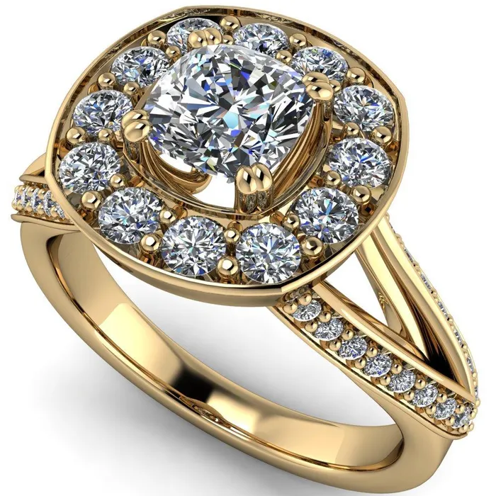 Fire Brilliance Rings Keaton Cushion Center Stone 4 Double Prong Halo Split Shank Engagement Ring