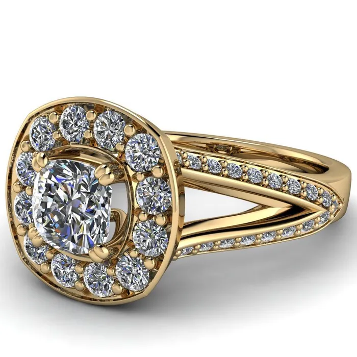 Fire Brilliance Rings Keaton Cushion Center Stone 4 Double Prong Halo Split Shank Engagement Ring