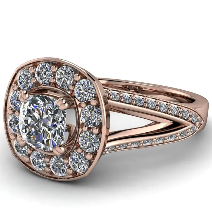 Fire Brilliance Rings Keaton Cushion Center Stone 4 Double Prong Halo Split Shank Engagement Ring