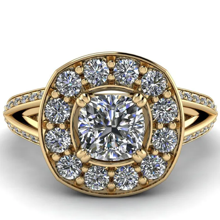Fire Brilliance Rings Keaton Cushion Center Stone 4 Double Prong Halo Split Shank Engagement Ring