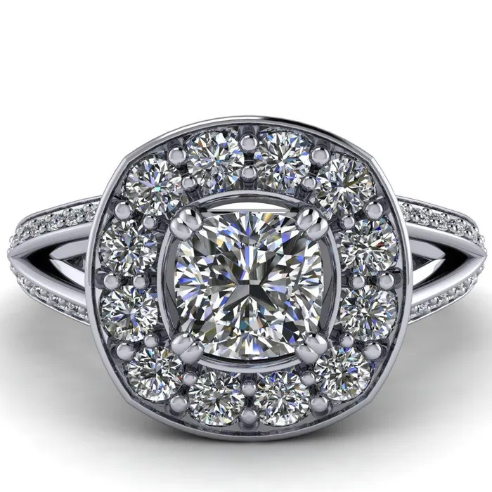 Fire Brilliance Rings Keaton Cushion Center Stone 4 Double Prong Halo Split Shank Engagement Ring