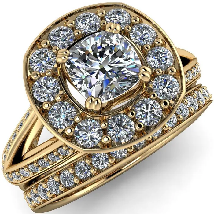 Fire Brilliance Rings Keaton Cushion Center Stone 4 Double Prong Halo Split Shank Engagement Ring