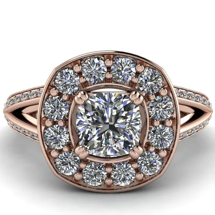 Fire Brilliance Rings Keaton Cushion Center Stone 4 Double Prong Halo Split Shank Engagement Ring